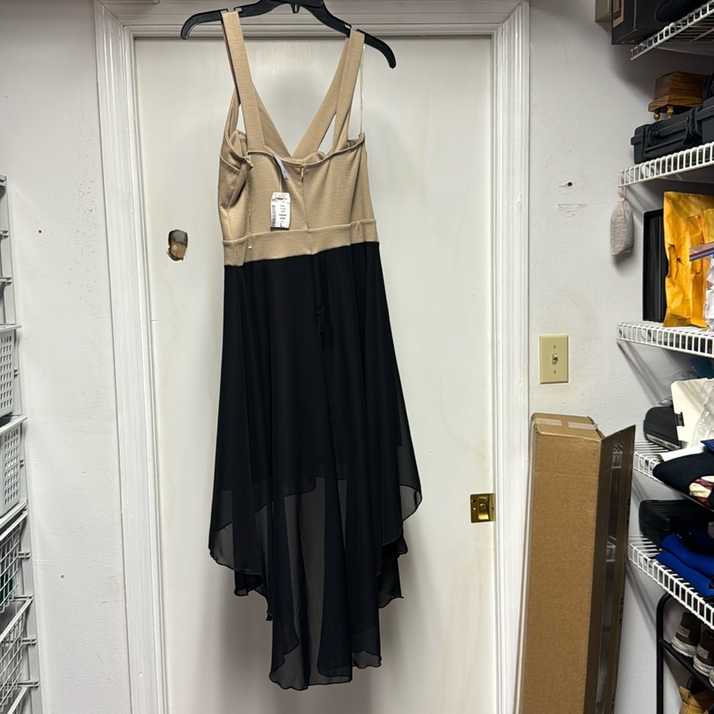 Tan and black tail back polyester and rayon sheer dress